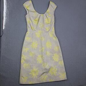 Lela Rose Beige & Chartreuse Floral Scoop Neck & Back Midi Silk Blend Dress Sz 8